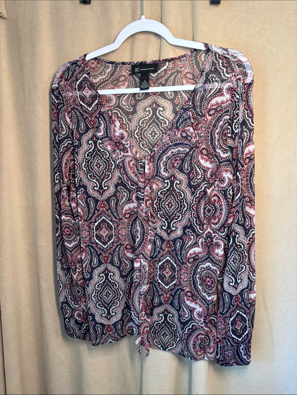 I.N.C. Navy and Pink Paisley Button-Front Blouse